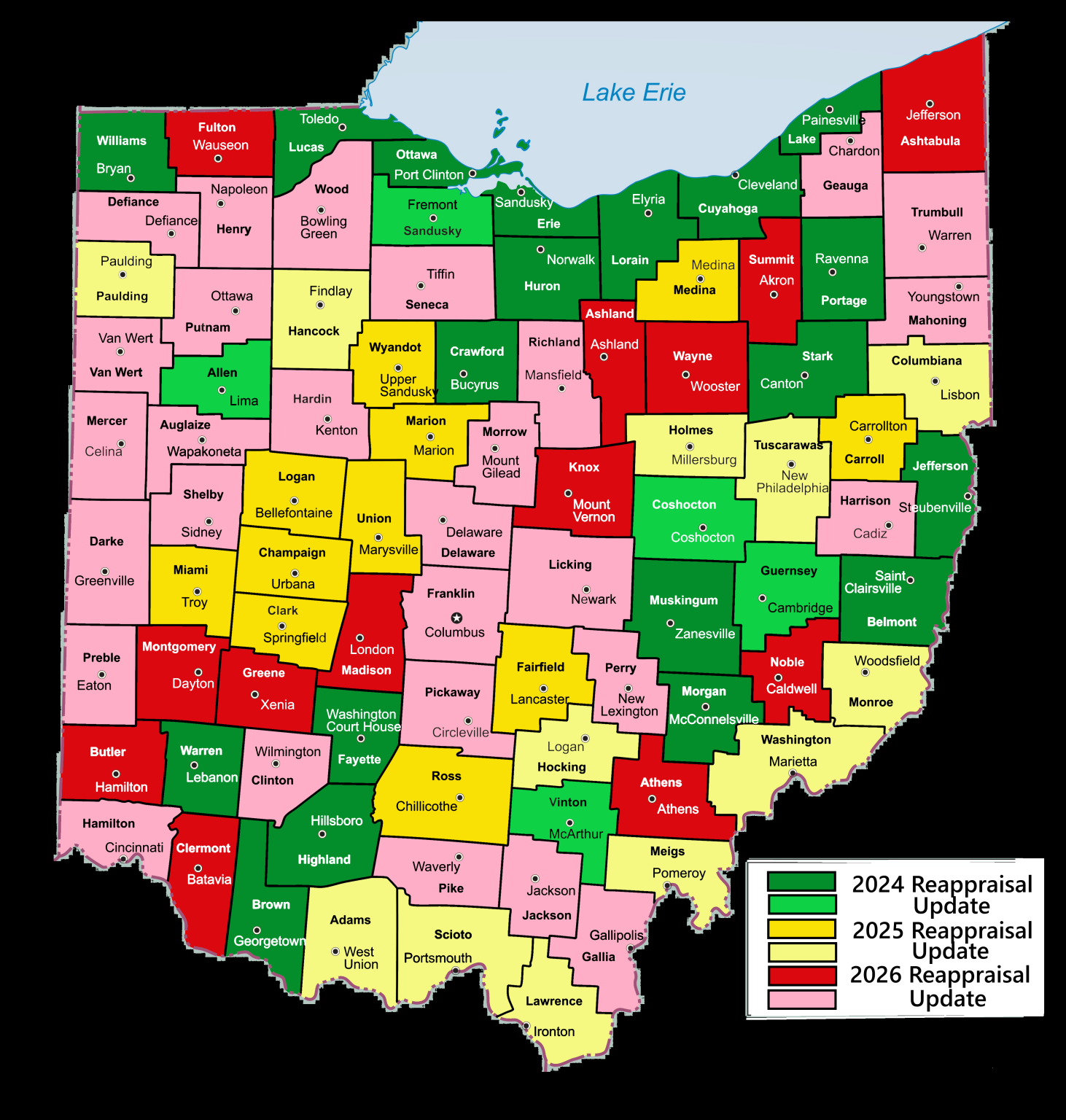Map of Ohio counties color-coded by reappraisal evaluation year, with county seats marked.